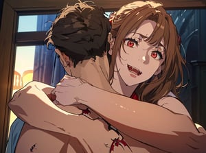 Masterpiece, high-resolution animation, super high-resolution rendering, (back of man's head: 1.5), (naked man and woman), woman's face embracing man with both arms turned away, (two vampire fangs in closed mouth: 1.5), brown hair, beautiful face, (pained expression), (red eyes looking up: 1.5), pink lips,