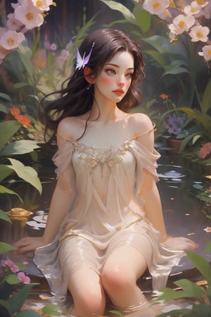 A serene oasis bathes the girl's porcelain skin as she meanders nude through a whimsical garden of delights. Inspired  Pino Daeni ethereal style, this masterpiece captures Liv Tyler-esque beauty. (((completely naked))) Soft, surreal lighting wraps her curves, imbuing the scene with an otherworldly glow. A delicate butterfly charm floats above, its essence infusing the air with enchantment.,oil painting, Liv Tyler