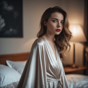 close portrait, 24 years old lady wears bed wrap dress in her bedroom, 30 style of Pinterest dress, artistic, cinematic mood, full shot , feminine, slight red lipstick, ultrasharp