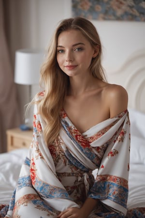 18 year young russian woman wears pattern bed wrap dress in her bedroom, off shoulder, 30 style of Pinterest dress, artistic, cinematic mood, full shot , feminine, lipgloss,  perfect eyes, shy smile, ultrasharp, high_resolution, imperfect skin, natural skin