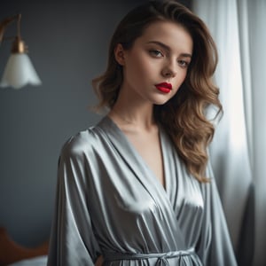 close portrait, 24 years old lady wears bed wrap dress in her bedroom, 30 style of Pinterest dress, artistic, cinematic mood, full shot , feminine, slight red lipstick, ultrasharp