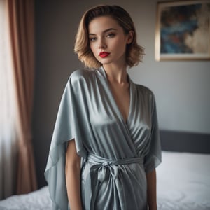 close portrait, 24 years old lady wears bed wrap dress in her bedroom, 30 style of Pinterest dress, artistic, cinematic mood, full shot , feminine, slight red lipstick, ultrasharp