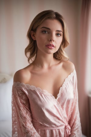 18 year young Irish woman wearing lace pink pattern bed wrap dress in her bedroom, off shoulder, big breasts, 30 style of Pinterest dress, artistic, cinematic mood, full shot , feminine, lipgloss,  perfect eyes, shy look, ultrasharp, high_resolution, imperfect skin, natural skin