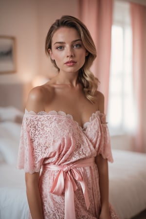 18 year young Dutch woman wearing lace pink pattern bed wrap dress in her bedroom, off shoulder, meduim size breasts, 30 style of Pinterest dress, artistic, cinematic mood, full shot , feminine, lipgloss,  perfect eyes, shy look, ultrasharp, high_resolution, imperfect skin, natural skin