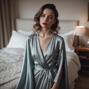 close portrait, 24 years old lady wears bed wrap dress in her bedroom, 30 style of Pinterest dress, artistic, cinematic mood, full shot , feminine, slight red lipstick, ultrasharp