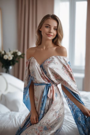 18 year young russian woman wears pattern bed wrap dress in her bedroom, off shoulder, 30 style of Pinterest dress, artistic, cinematic mood, full shot , feminine, lipgloss,  perfect eyes, shy smile, ultrasharp, high_resolution, imperfect skin, natural skin