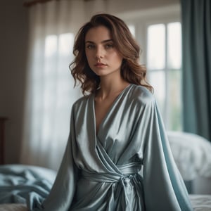 close portrait, 24 years old lady wears bed wrap dress in her bedroom, 30 style of Pinterest dress, artistic, cinematic mood, full shot , feminine