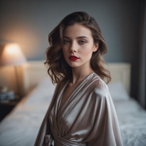 close portrait, 24 years old lady wears bed wrap dress in her bedroom, 30 style of Pinterest dress, artistic, cinematic mood, full shot , feminine, slight red lipstick, ultrasharp