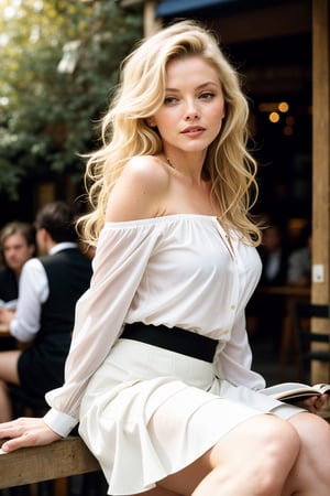 color image, Masterpiece, a beautiful 22 year young woman, ((Marilyn Monroe: Michelle Pfeiffer:0.8)), (wearing white blouse and black skirt), (medium breasts), (perfect body), (long blonde wavy hair), off shoulder, , outside, (skin texture:1.1), best quality, ultra high res, Raw photo, Nikon D850, backlight, rim light, golden hour, film grain:1.2, (warm hue, warm tone:1.2), (color photo), sitting outside a crowded cafe in france, reading a book, looking at the book, not aware of viewer