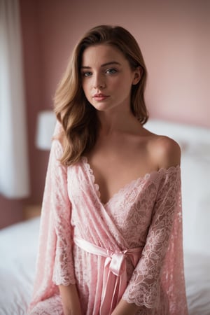 18 year young Irish woman wearing lace pink pattern bed wrap dress in her bedroom, off shoulder, big breasts, 30 style of Pinterest dress, artistic, cinematic mood, full shot , feminine, lipgloss,  perfect eyes, shy look, ultrasharp, high_resolution, imperfect skin, natural skin