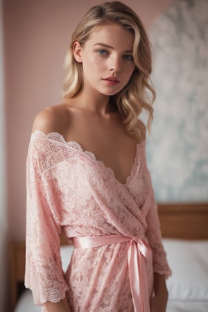 18 year young Dutch woman wearing lace pink pattern bed wrap dress in her bedroom, off shoulder, meduim size breasts, 30 style of Pinterest dress, artistic, cinematic mood, full shot , feminine, lipgloss,  perfect eyes, shy look, ultrasharp, high_resolution, imperfect skin, natural skin