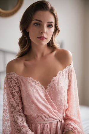 18 year young Irish woman wearing lace pink pattern bed wrap dress in her bedroom, off shoulder, big breasts, 30 style of Pinterest dress, artistic, cinematic mood, full shot , feminine, lipgloss,  perfect eyes, shy look, ultrasharp, high_resolution, imperfect skin, natural skin