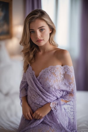 18 year young Dutch woman wearing lace lavender pattern bed wrap dress in her bedroom, off shoulder, meduim size breasts, 30 style of Pinterest dress, artistic, cinematic mood, full shot , feminine, lipgloss,  perfect eyes, shy look, ultrasharp, high_resolution, imperfect skin, natural skin