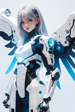 1girl, mechanical wings, solo, wings, long hair, grey eyes, feathers, white background, simple background, cyborg, cowboy shot, joints, robot joints, lips, mechanical arms, looking at viewer, arms at sides, feathered wings, white hair, realistic, mechanical parts, android, blue eyes,MECHA GIRL,bingirl