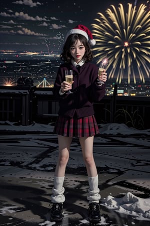 (Masterpiece), (Movie, City Lights: 1.2), city, snow, Santa hat and skirt, baggy socks, pile of socks, 1girl, brunette, medium hair, curly hair, extremely realistic, fireworks, drinking champagne ,Happy New Year,<lora:659111690174031528:1.0>