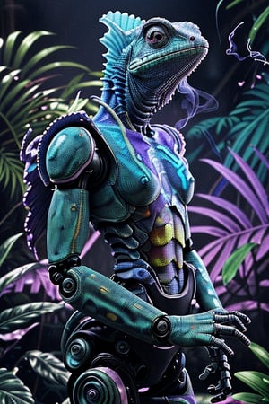 Realistic, humanoid chameleon, chameleon scales, robotic arm, robot, single robotic arm, mechanical wings, fashion, psychedelic purple-blue smoke, tropical rainforest scene