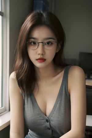 Best quality, masterpiece, photorealistic:1.37, ultra high res, 8K raw photo, 1girl, 19 years old, korean, glasses, beautifull face, beautifull eyes, long hair, brown hair, medium breast, black secretary outfit, (erotic pose:1.3), seductive, bracelet, jewelry, looking at viewer, in the office, high detailed skin, pore, detailed background, 8k uhd, dslr