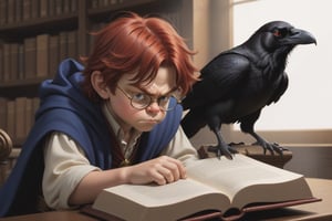(best detailed), (best lighting), (ultra-detailed), (best quality), grumpy boy wizard with red hair interrupted from reading a book, with a large raven perched on his shoulder reading the book when the boy wizard isn't loolking, (in style of larry elmore)