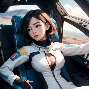 (masterpiece, best quality:1.4), (beautiful, aesthetic, perfect, delicate, intricate:1.2), (starship cockpit background, high contrast), beautiful woman, unzipped_astronaut_spacesuit, laying on reclined chair, head tilted back, slim waist, Large_breasts, cleavage, perfect face, eyeliner, short_scruffy_white_hair, arched back, viewed from above looking down, gasping, pleasured expression, both_eyes_half_closed