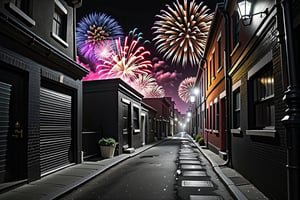 (best detailed), (black and white), (best lighting), (ultra-detailed), (best quality), (dark alleyway background, full colour fireworks in sky), goodbye 2023, high hopes for 2024