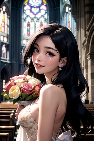 (masterpiece, best quality:1.4), (beautiful, aesthetic, perfect, delicate, intricate:1.2),(church interior, sunlight streaming through stained glass window), (depth of field), (high contrast),(beautiful native american woman, standing, holding_bouquet, wearing delicate detailed white shoulderless wedding dress, incredibly happy smile, perfect face, eyeliner, tears of joy, long wavy black hair, large_breasts, view from side, close up, turning to face viewer, eye_contact)