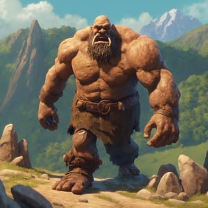 Cinematic scene, hero view, hyperdetailed picture of hill giant called Boris Bugbasher who is simple and clumsy, detailed background, masterpiece, best quality, high quality, highres, absurdres, vivid, Dungeons and Dragons 