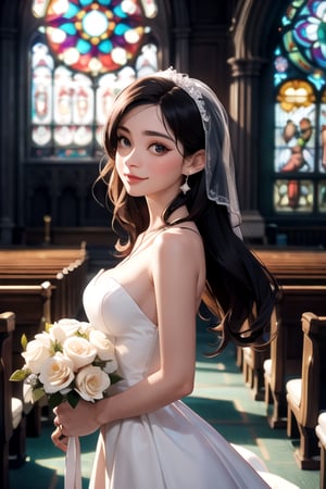 (masterpiece, best quality:1.4), (beautiful, aesthetic, perfect, delicate, intricate:1.2),(church interior, sunlight streaming through stained glass window), (depth of field), (high contrast),(beautiful woman, standing, holding_bouquet, wearing delicate detailed white shoulderless wedding dress, happy smile, perfect face, eyeliner, teary eyed, long wavy black hair, large_breasts, view from side, close up, turning to face viewer, eye_contact)