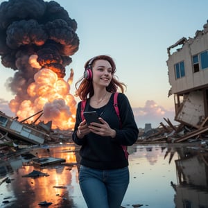 (masterpiece, best quality:1.4), (beautiful, aesthetic, perfect, delicate, intricate:1.2),((atomic explosion in background)), (mass destruction, collapsing buildings, disaster, nightmare, vivid colours), (high contrast), beautiful woman, walking toward camera, headphones on, ((looking at her mobile phone)), smiling, perfect face, eyeliner, long wavy windswept red hair, large_breasts, dressed for summer, depth of field