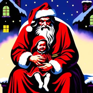 (masterpiece, best quality:1.4), (horror, aesthetic, perfect, delicate, intricate:1.2), beautiful little girl, (dressed for winter, evil_smile),sitting on knee of father christmas,  (Clutching_chest, pained_expression)