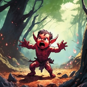 Cinematic scene, hero view, hyperdetailed picture of child Demon having a temper tantrum in the woods, action pose, detailed background, masterpiece, best quality, high quality, highres, absurdres, vivid, Dungeons and Dragons 