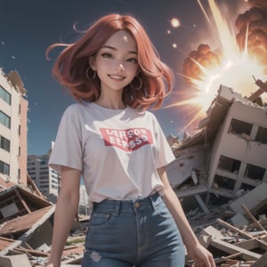 (masterpiece, best quality:1.4), (beautiful, aesthetic, perfect, delicate, intricate:1.2),((atomic explosion in background mass destruction, collapsing buildings, disaster, nightmare, vivid colours)), (high contrast), 2beautiful women skipping hand in hand toward camera, tshirt, blue_jeans, laughing at their mobile phones held before them, smiling, perfect face, eyeliner, long wavy windswept red hair, large_breasts, depth of field