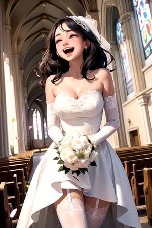 (masterpiece, best quality:1.4), (beautiful, aesthetic, perfect, delicate, intricate:1.2),(outside church, sunny), (high contrast),(beautiful woman, wearing delicate detailed white shoulderless wedding dress, laughing, perfect face, eyeliner, tears of joy, long wavy black hair, large_breasts, view from front, lifting dress above knees exposing  white garter, falling_confetti)