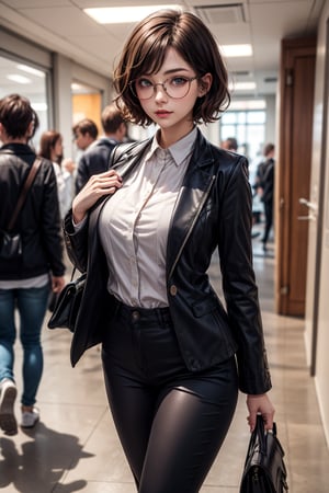 absurdres, highres, ultra detailed, (1girl:1.3), BREAK,office outfit, jacket, pants, style glasses, short curly hair, hourglass figure 