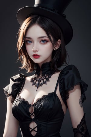 photorealistic, masterpiece, best quality, raw photo, 1girl, long hair, detailed eyes and face, short hair, full_body, gorgeous girl, goth era, romanticism, top hat, goth outfit, whole body dress, makeup, elegant,