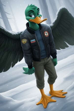 anthro duck, mallard, ((wings)), male, full body, portrait, bill, webbed feet, bomber jacket, winter, Dutch angle, 