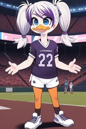 1girl,Gosalyn Mallard, Lena Sabrewing white hair, long _hair, purple_highlights, white_feathers,(twintails:1.2),  ,duck,child,blue eyes,sneakers, standing, football_jersey, white_jersey,cleveland_browns_colored_clothing, cleveland_browns_jersey  art by Tsampikos,D