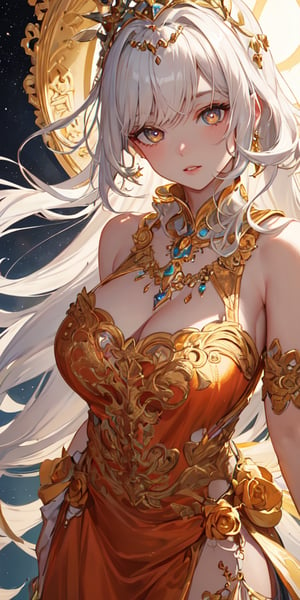 masterpiece, best quality, illustration, full body image, ornate and elaborate dress, moon earrings, tiara, star necklace, orange dress, 1girl, cute, (dynamic lighting:1.2), cinematic lighting, delicate facial features, detailed eyes, brown eyes, long white hair, sharp pupils, realistic pupils, depth of field, bokeh, sharp focus, (hyper-detailed, bloom, glow:1.4), white hair, full lips, bright brown eyes