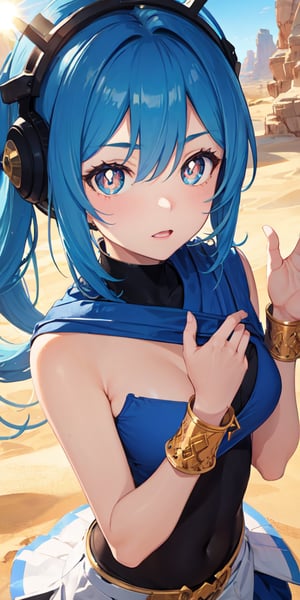 1girl, blue hair, symbol-shaped pupils, desert goddess, sun, light, wallpaper, high contrast, colorful,
