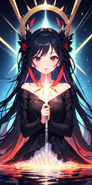 masterpiece, best quality, ultra-detailed, 1girl, black long hair, red eyes, water witch, blood, light particles, light rays, wallpaper, colorful,