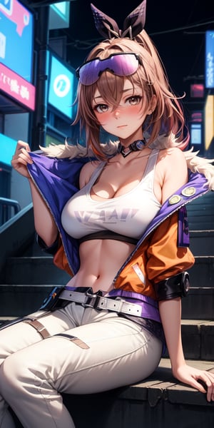 masterpiece, best quality, SilverwolfV5, 1girl, solo, looking at viewer, blush, large breasts, ((orange short jacket, brown tanktop, white pants)), sitting, city alley, steps, night, cyberpunk style, closed mouth, long violet hair with yellow extensions, grey eyes,