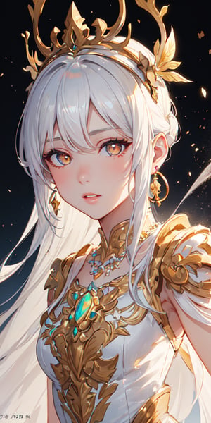 masterpiece, best quality, illustration, full body image, silver ornate and elaborate dress, opal earrings, tiara, opal necklace, orange dress, 1girl, cute, (dynamic lighting:1.2), cinematic lighting, delicate facial features, detailed eyes, brown eyes, long white hair, sharp pupils, realistic pupils, depth of field, bokeh, sharp focus, (hyper-detailed, bloom, glow:1.4), white hair, full lips, bright brown eyes