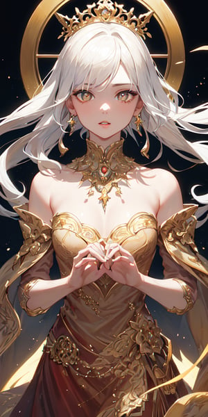 masterpiece, best quality, illustration, full body image, ornate and elaborate dress, moon earrings, tiara, star necklace, orange dress, 1girl, cute, (dynamic lighting:1.2), cinematic lighting, delicate facial features, detailed eyes, brown eyes, long white hair, sharp pupils, realistic pupils, depth of field, bokeh, sharp focus, (hyper-detailed, bloom, glow:1.4), white hair, full lips, bright brown eyes