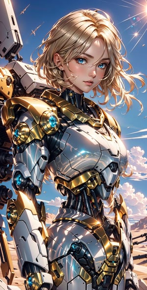 A girl 20 years old ( blonde hair, brown eyes, silver mecha armor) on a on a desert with sun in sky, green scarf