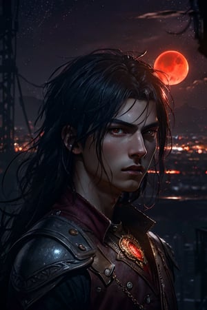 fantasy world with red moon, 15 year old western high school boy, reddish atmosphere,  city background ((dark background:1.2)),((night view:1)),((light bokeh)),detailed, sharp focus, photo by greg rutkowski, soft lighting, (masterpiece), (detailed face:1.2),highly detailed,best quality,16k,