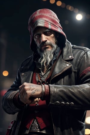 45 year old homeless man, red moon, dark fantasy city background ((dark background:1.2)),((night view:1)),((light bokeh)),detailed, sharp focus, photo by greg rutkowski, soft lighting, (masterpiece), (detailed face:1.2),highly detailed,best quality,16k, from below,assassin's creed theme,(detailed hands:1)