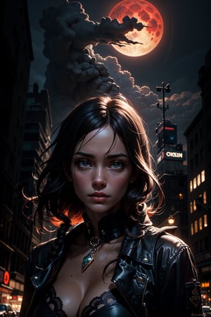 New York city, night, very big red moon in the background, excellent oil painting of a The Island of Dreams: A place where all your deepest desires come true, vibrant colors, powerfull style with epic dramatism, best quality, maximum quality, intricate details, ultrasahrp, ambient oclusion, realistic shadows, art by Bastien Lecouffe Deharme, 8k, oil art, perfect quality, 