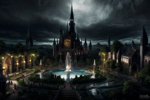 (masterpiece, best quality, high quality, highres, ultra-detailed), (dark fantasy:1.3) , a mystical port city with many gothic cathedral and waterfalls and a lush vegetation and fountains and a beautiful view of the landscape by Raymond Swanland, trending on devianart , gothic , medival , dark theme