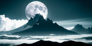 big moon in the background, dark mountain top, very tall dark mountain range, dark jungle at the feet of the mountain, piercing clouds and sky above, devilish aura, mysterious dark fantasy, black mist, rugged mountain, dangerously tall and straight, dangerously snowy mountain top,day,KnollingCaseQuiron style, (((((dark fantasy))))), ultra realistic, 8k, (((luminance))) ,Science Fiction,GlowingRunes_
