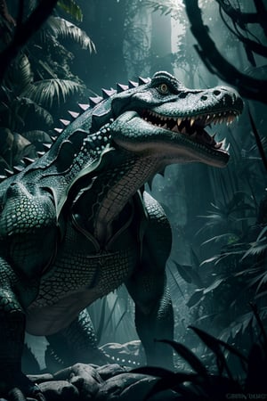 magical crocodile beast, ghostly aura around the body, dark fantasy jungle background ((dark background:1.2)),((night view:1)),((light bokeh)),detailed, sharp focus, photo by greg rutkowski, soft lighting, (masterpiece), (detailed face:1.2),highly detailed,best quality,16k, from below,assassin's creed theme,(detailed hands:1)