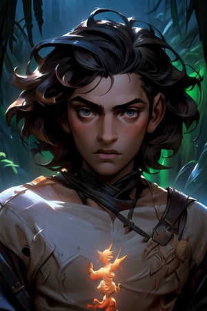 ((cinematic light)), hyper detail, dramatic light, intricate details, A five-year-old middle eastern boy with Hazel eyes, dark power, fantasy jungle, dark background,(psychedelic:1.2), (realistic), (Bioluminescence:0.5), highly detailed, hyper-realistic, by Daniel Gerhartz, perfect artwork, masterpiece, best quality, highres, layered lighting,Detailedface, Detailedeyes, Scenes of chaos,greg rutkowski,no_humans, night,vane /(granblue fantasy/)